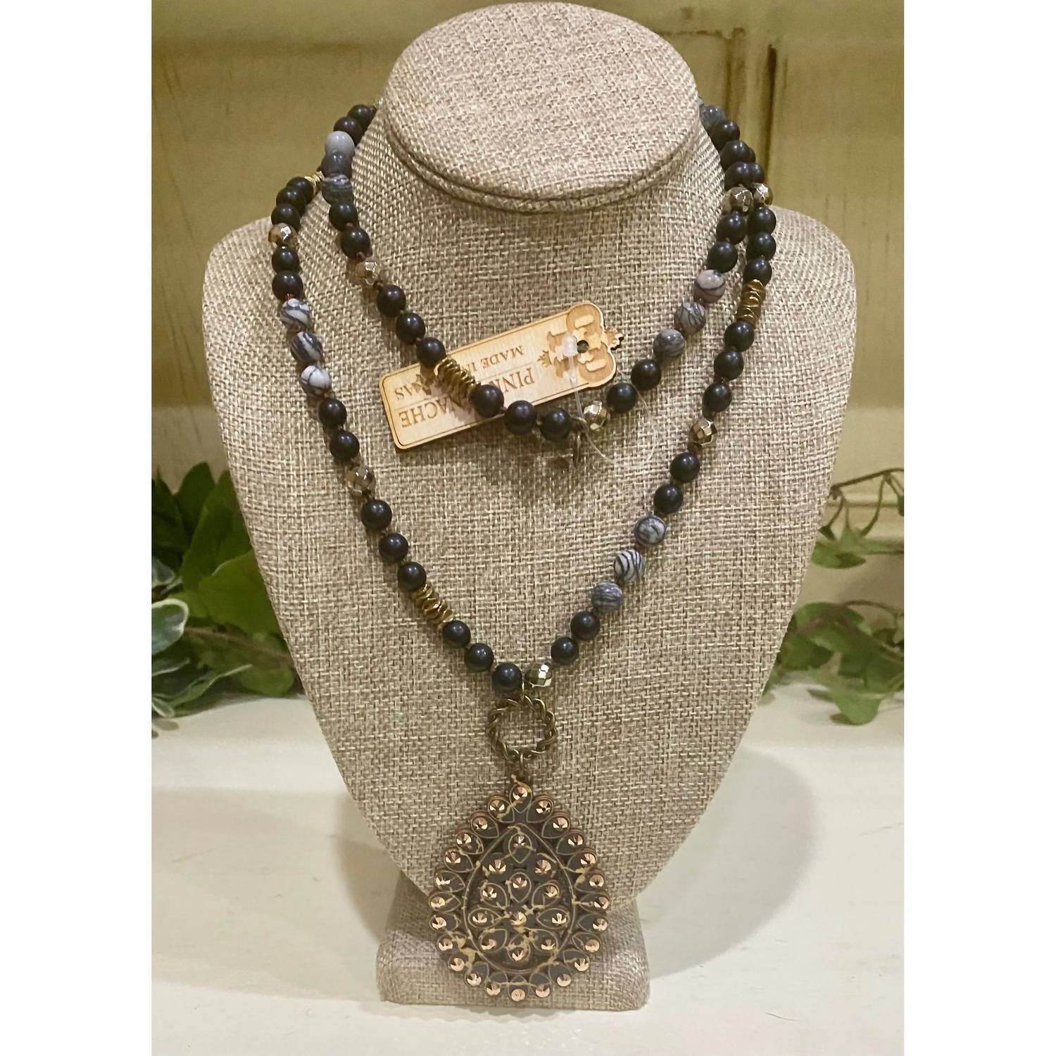 New Pink Panache Womens Crackle Wood Santa Fe Necklace In Black 52$